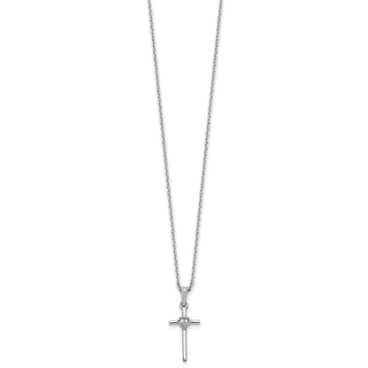 Sterling Silver Rhodium Plated White Ice .05 Dia Cross Heart w/2in Ext. Necklace