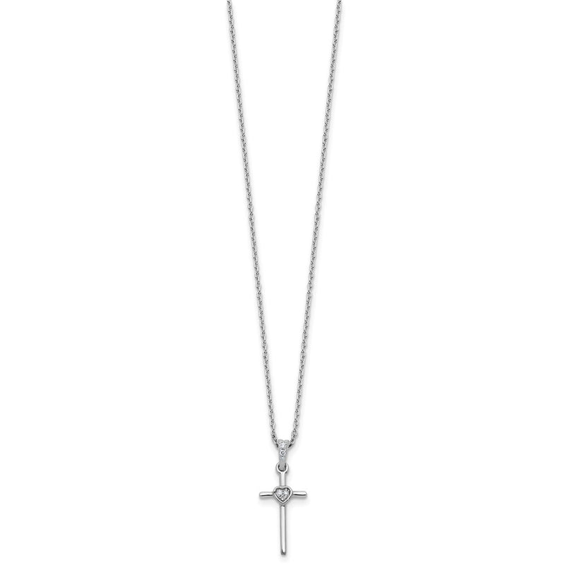 Sterling Silver Rhodium Plated White Ice .05 Dia Cross Heart w/2in Ext. Necklace