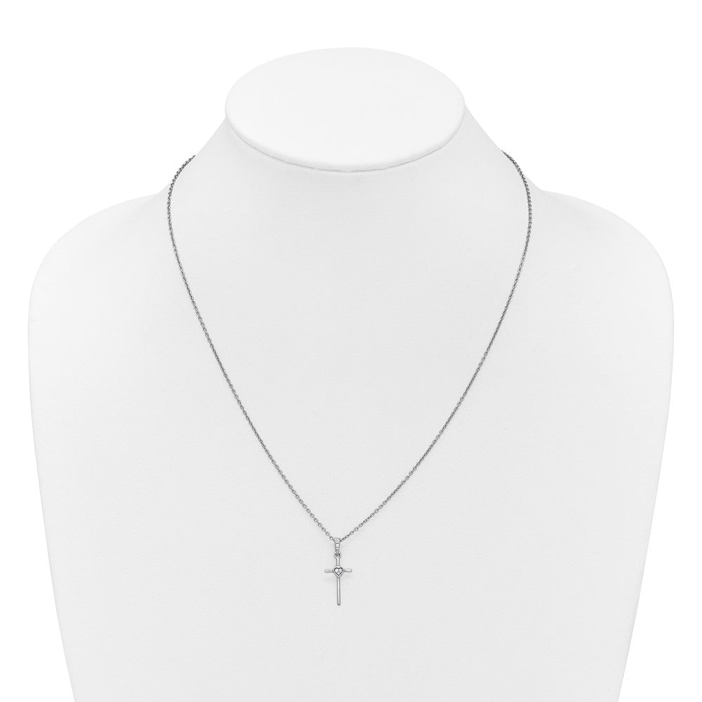 Sterling Silver Rhodium Plated White Ice .05 Dia Cross Heart w/2in Ext. Necklace