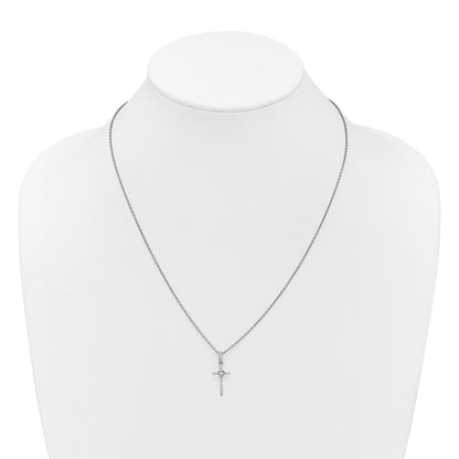Sterling Silver Rhodium Plated White Ice .05 Dia Cross Heart w/2in Ext. Necklace