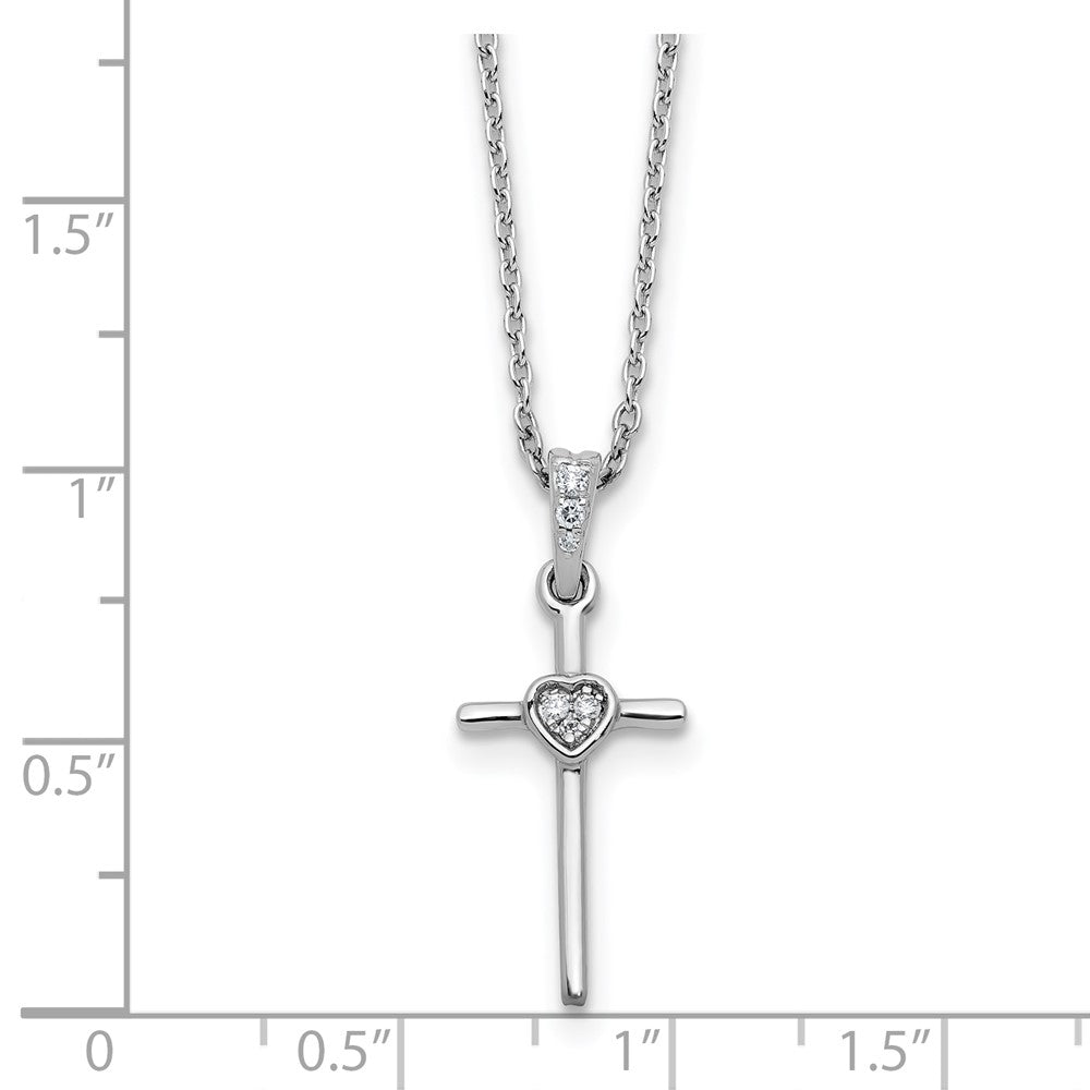 Sterling Silver Rhodium Plated White Ice .05 Dia Cross Heart w/2in Ext. Necklace