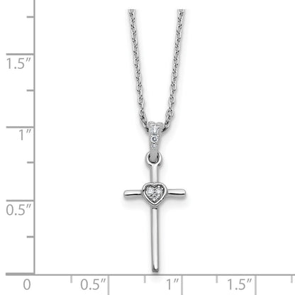 Sterling Silver Rhodium Plated White Ice .05 Dia Cross Heart w/2in Ext. Necklace