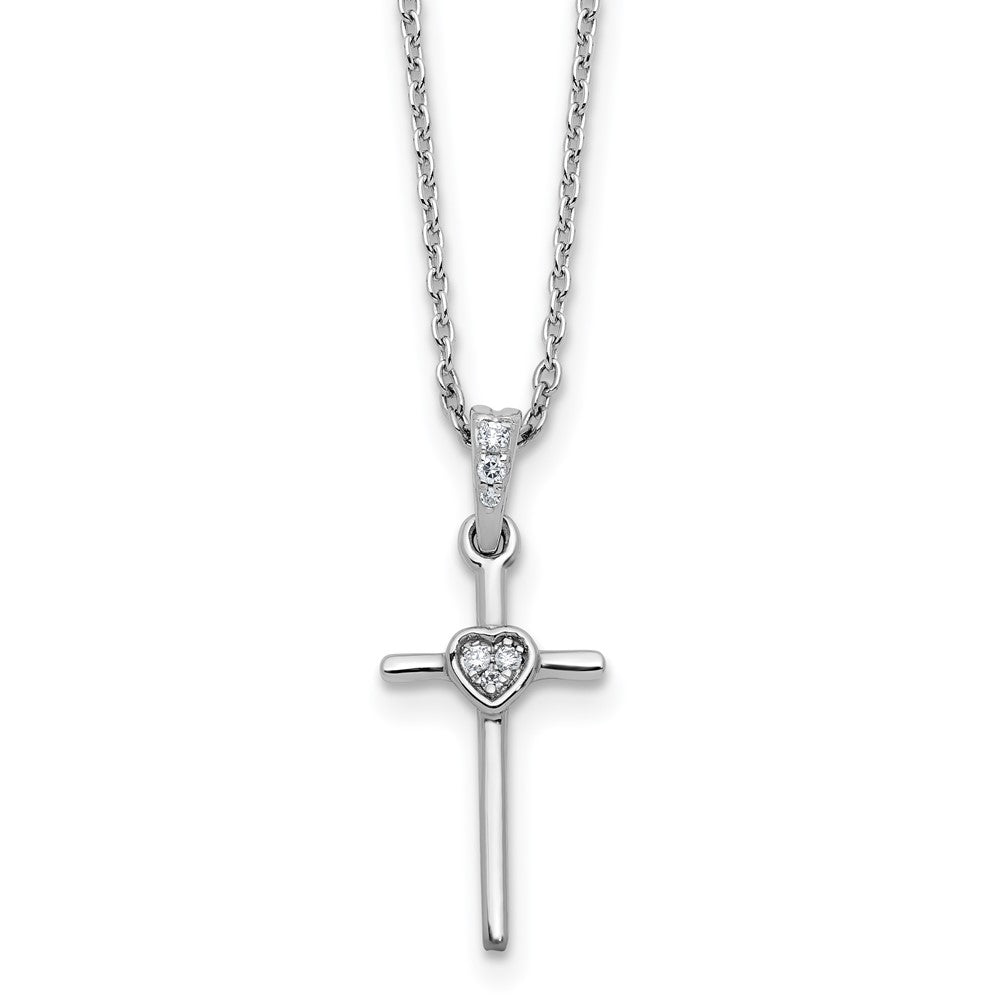 Sterling Silver Rhodium Plated White Ice .05 Dia Cross Heart w/2in Ext. Necklace