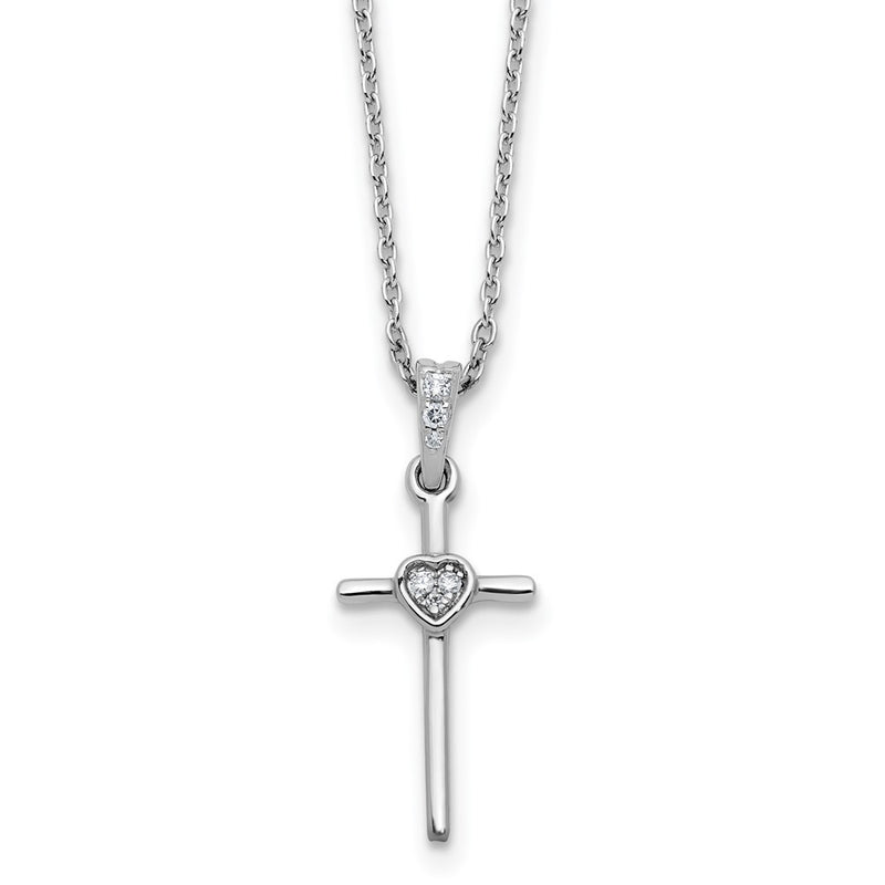 Sterling Silver Rhodium Plated White Ice .05 Dia Cross Heart w/2in Ext. Necklace