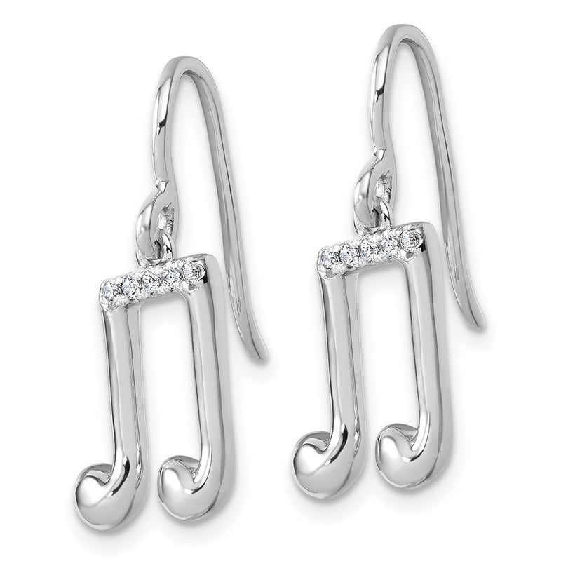 Sterling Silver Rhodium Plated White Ice .08 Diamond Music Note Dangle Earrings