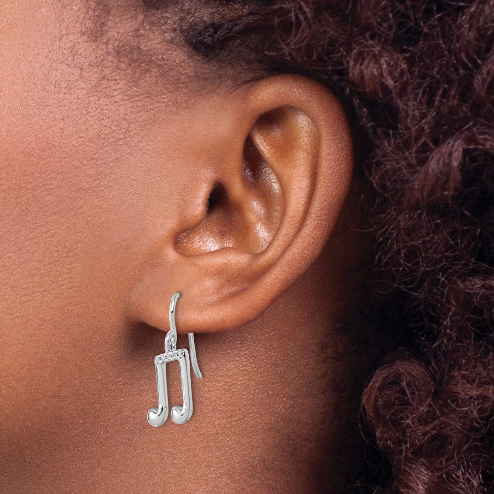 Sterling Silver Rhodium Plated White Ice .08 Diamond Music Note Dangle Earrings