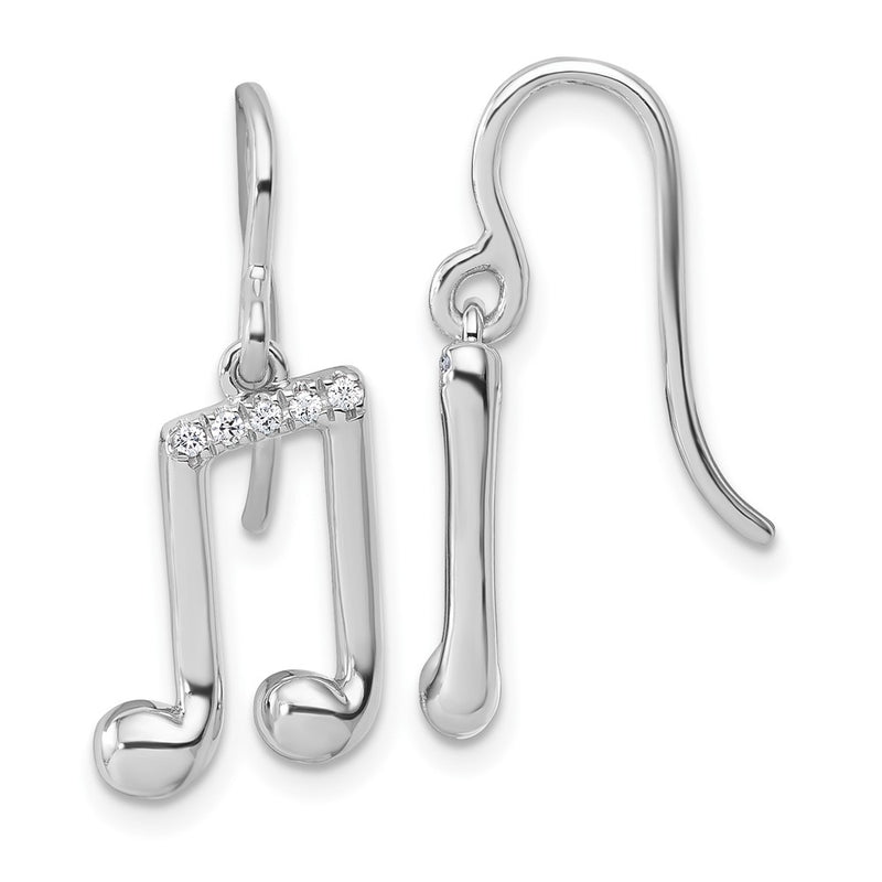Sterling Silver Rhodium Plated White Ice .08 Diamond Music Note Dangle Earrings