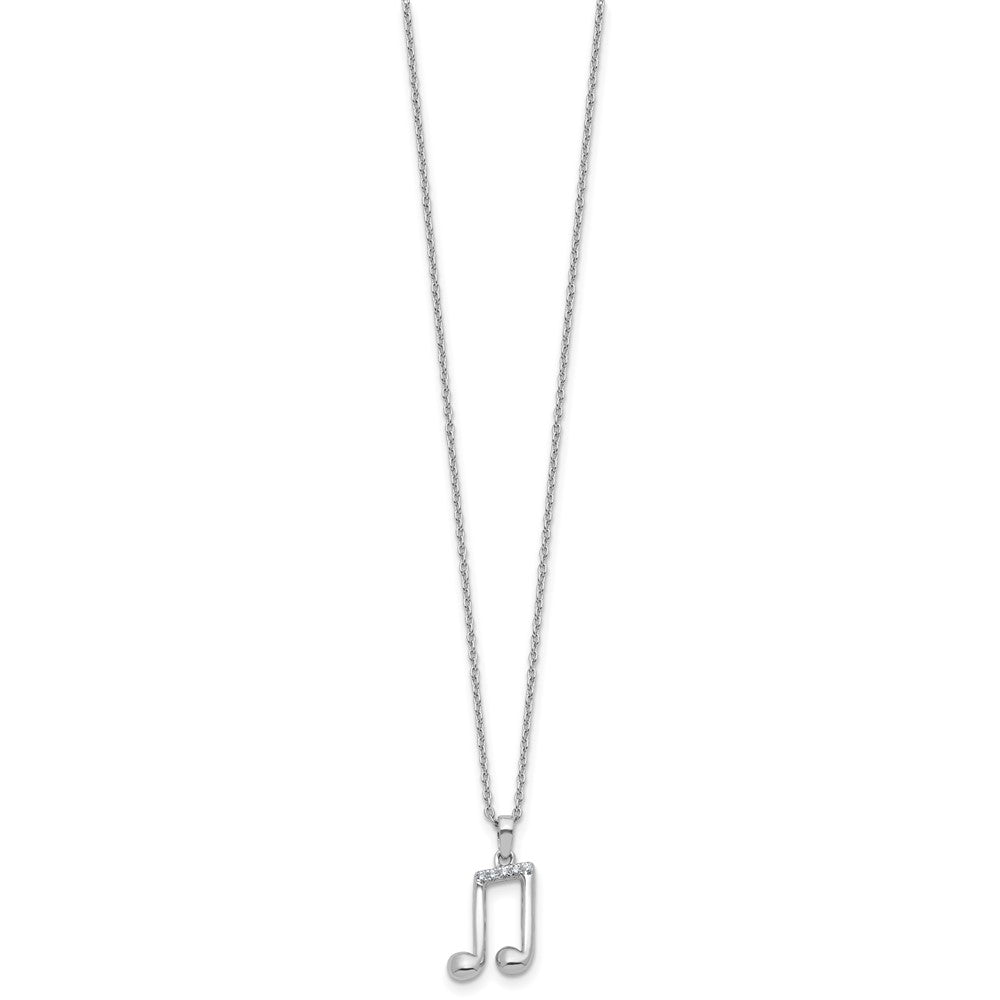 Sterling Silver Rhodium Plated White Ice .05 Dia Music Note w/2in Ext. Necklace