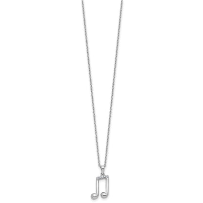 Sterling Silver Rhodium Plated White Ice .05 Dia Music Note w/2in Ext. Necklace