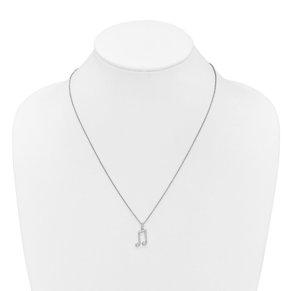 Sterling Silver Rhodium Plated White Ice .05 Dia Music Note w/2in Ext. Necklace