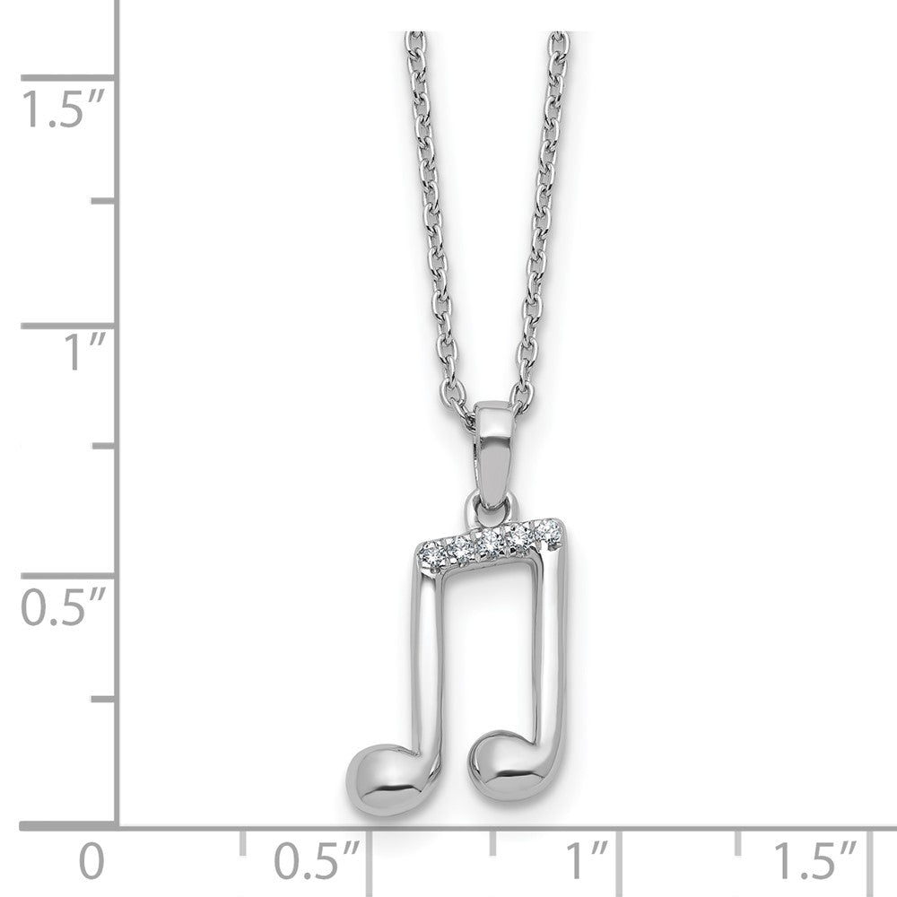 Sterling Silver Rhodium Plated White Ice .05 Dia Music Note w/2in Ext. Necklace