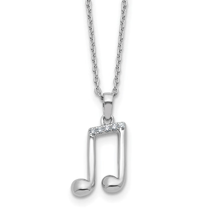 Sterling Silver Rhodium Plated White Ice .05 Dia Music Note w/2in Ext. Necklace