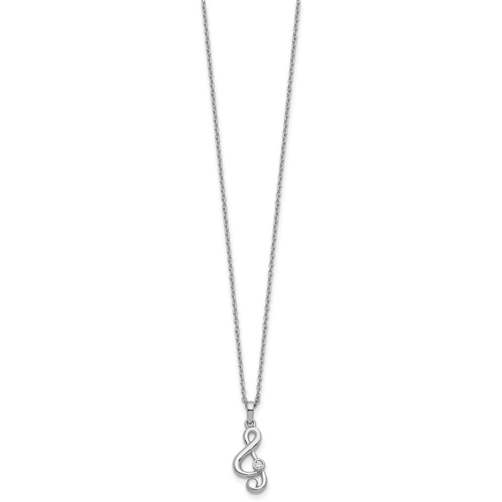 Sterling Silver Rhodium Plated White Ice .03 Dia Treble Clef w/2in Ext. Necklace