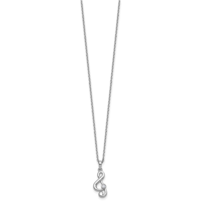 Sterling Silver Rhodium Plated White Ice .03 Dia Treble Clef w/2in Ext. Necklace