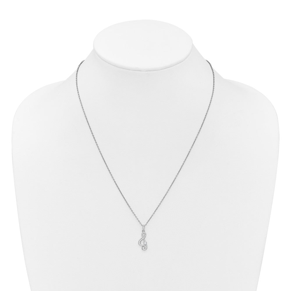 Sterling Silver Rhodium Plated White Ice .03 Dia Treble Clef w/2in Ext. Necklace