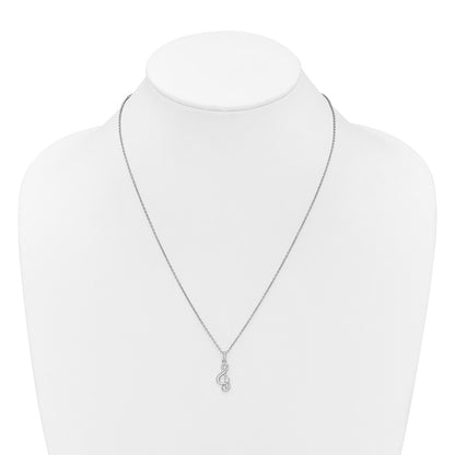 Sterling Silver Rhodium Plated White Ice .03 Dia Treble Clef w/2in Ext. Necklace