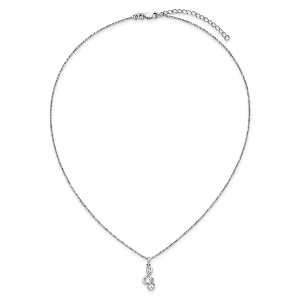 Sterling Silver Rhodium Plated White Ice .03 Dia Treble Clef w/2in Ext. Necklace