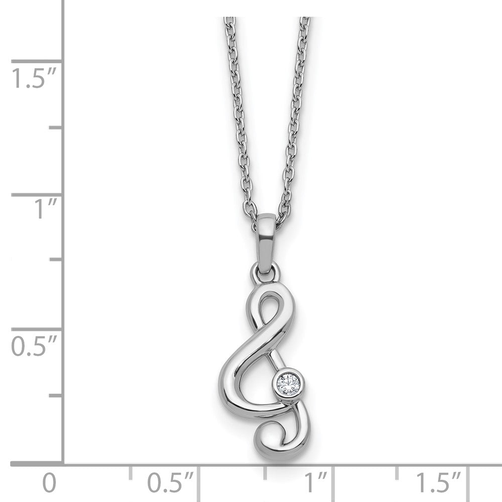 Sterling Silver Rhodium Plated White Ice .03 Dia Treble Clef w/2in Ext. Necklace