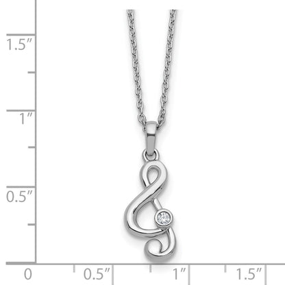 Sterling Silver Rhodium Plated White Ice .03 Dia Treble Clef w/2in Ext. Necklace