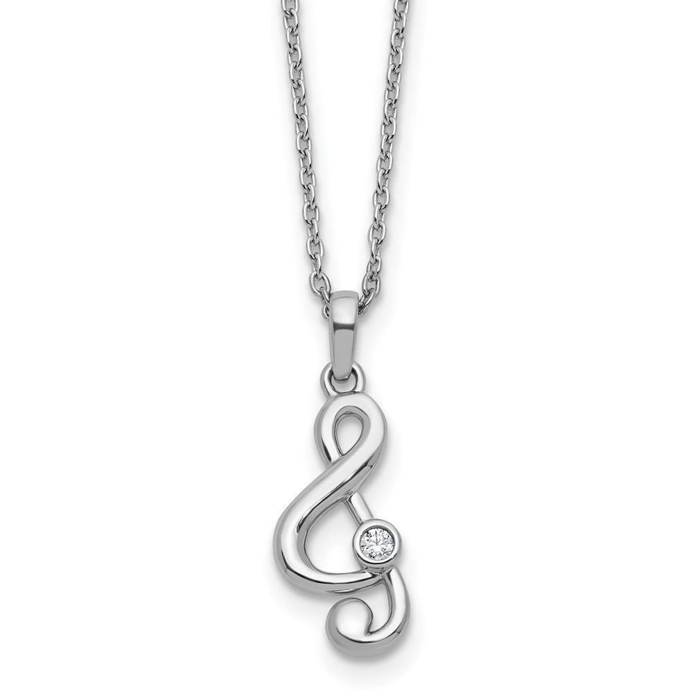 Sterling Silver Rhodium Plated White Ice .03 Dia Treble Clef w/2in Ext. Necklace