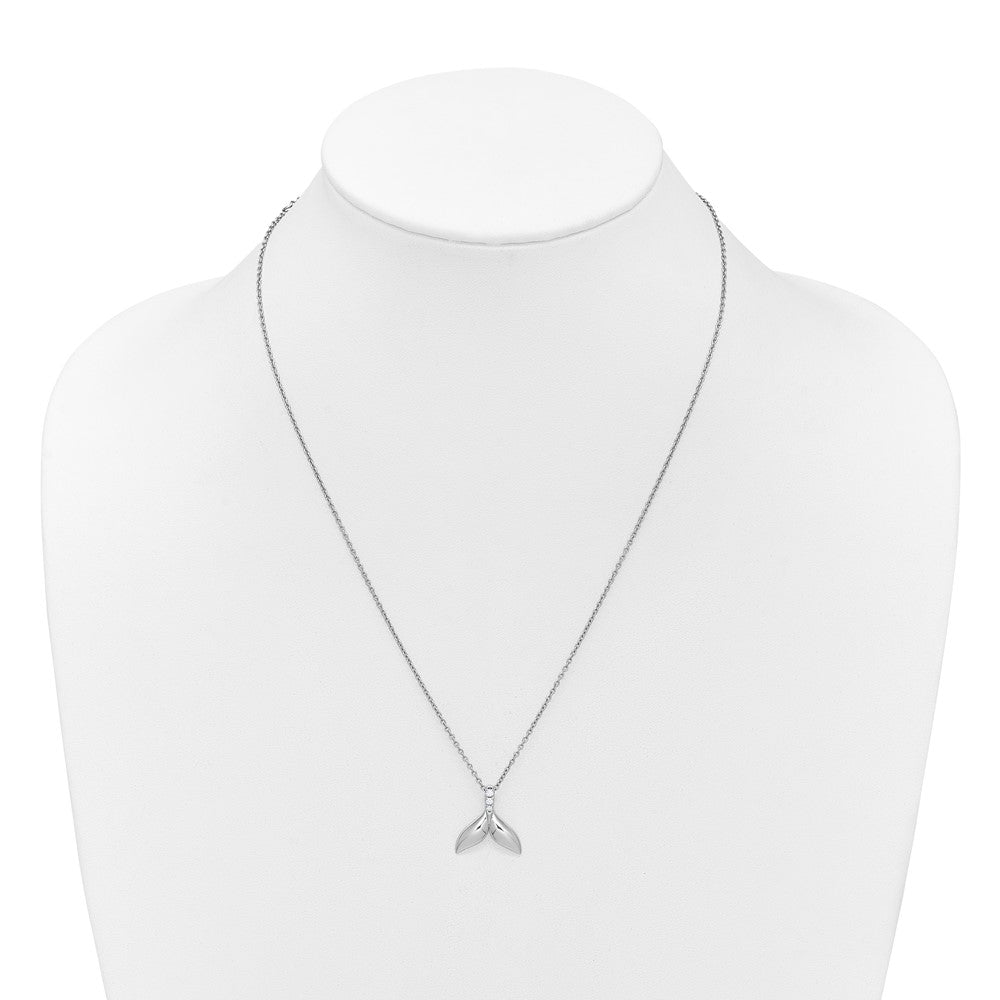 Sterling Silver Rhodium Plated White Ice .08 Diamond Whale Tail w/2in Ext. Necklace