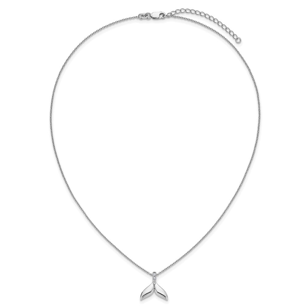 Sterling Silver Rhodium Plated White Ice .08 Diamond Whale Tail w/2in Ext. Necklace