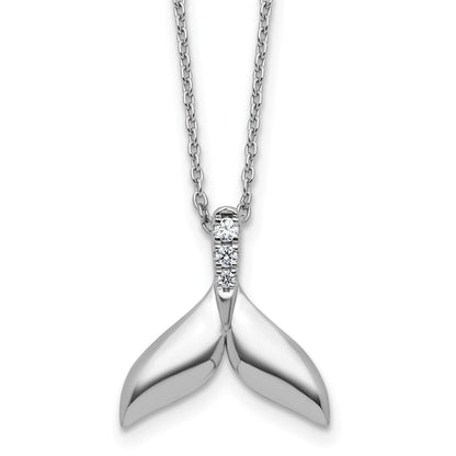 Sterling Silver Rhodium Plated White Ice .08 Diamond Whale Tail w/2in Ext. Necklace