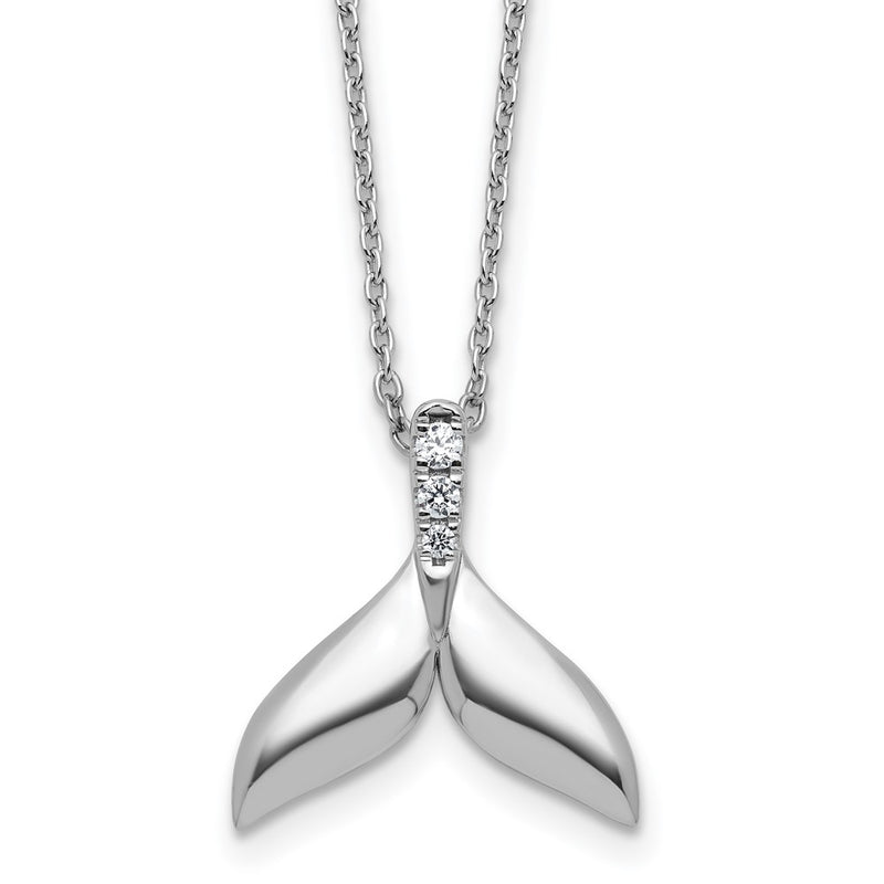 Sterling Silver Rhodium Plated White Ice .08 Diamond Whale Tail w/2in Ext. Necklace