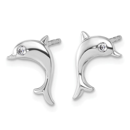 Sterling Silver Rhodium Plated White Ice .05 Dia Dolphin Post Earrings