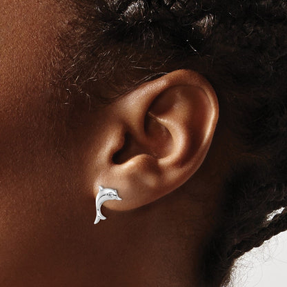 Sterling Silver Rhodium Plated White Ice .05 Dia Dolphin Post Earrings