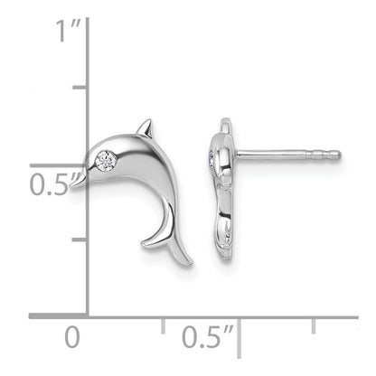 Sterling Silver Rhodium Plated White Ice .05 Dia Dolphin Post Earrings