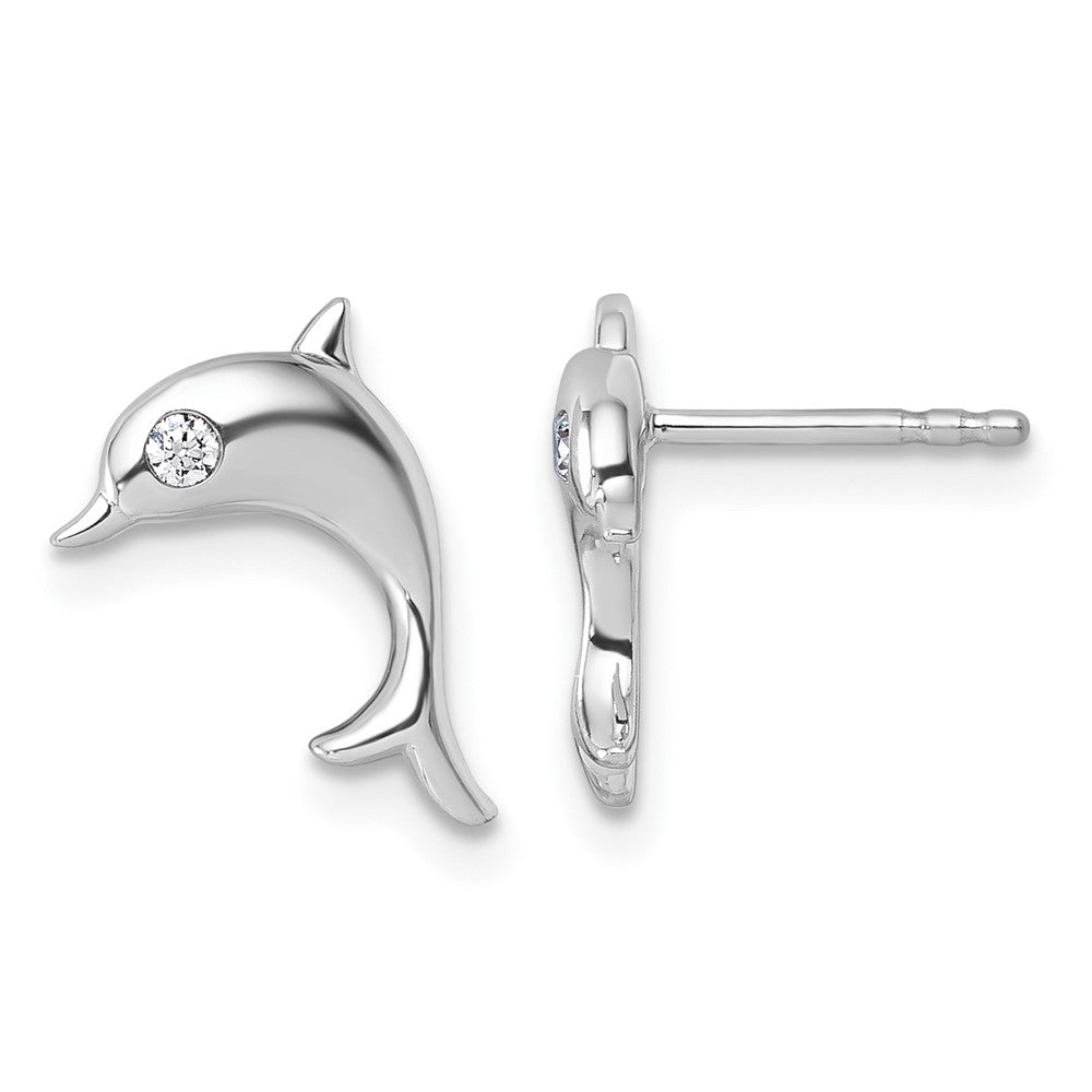 Sterling Silver Rhodium Plated White Ice .05 Dia Dolphin Post Earrings