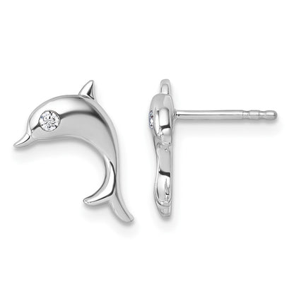 Sterling Silver Rhodium Plated White Ice .05 Dia Dolphin Post Earrings