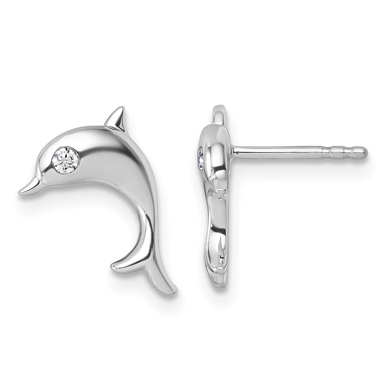 Sterling Silver Rhodium Plated White Ice .05 Dia Dolphin Post Earrings