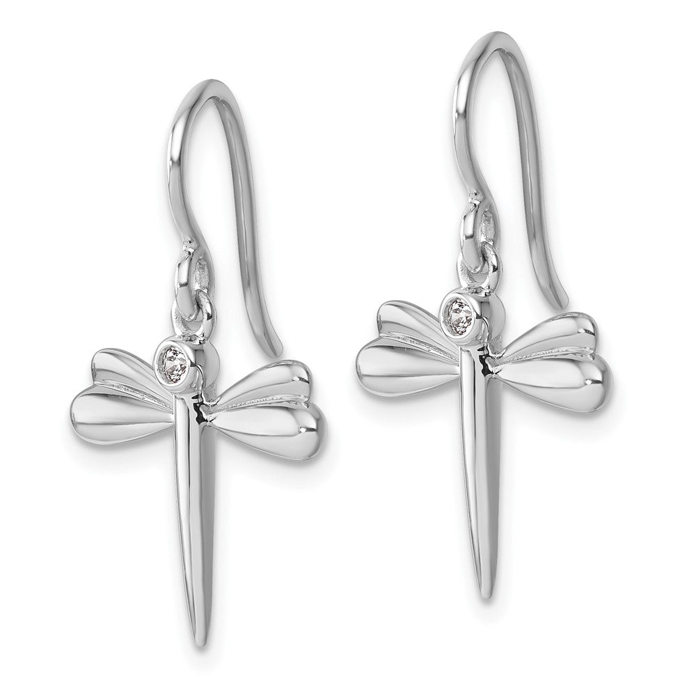 Sterling Silver Rhodium Plated White Ice .05 Dia Dragonfly Dangle Earrings