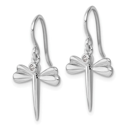 Sterling Silver Rhodium Plated White Ice .05 Dia Dragonfly Dangle Earrings