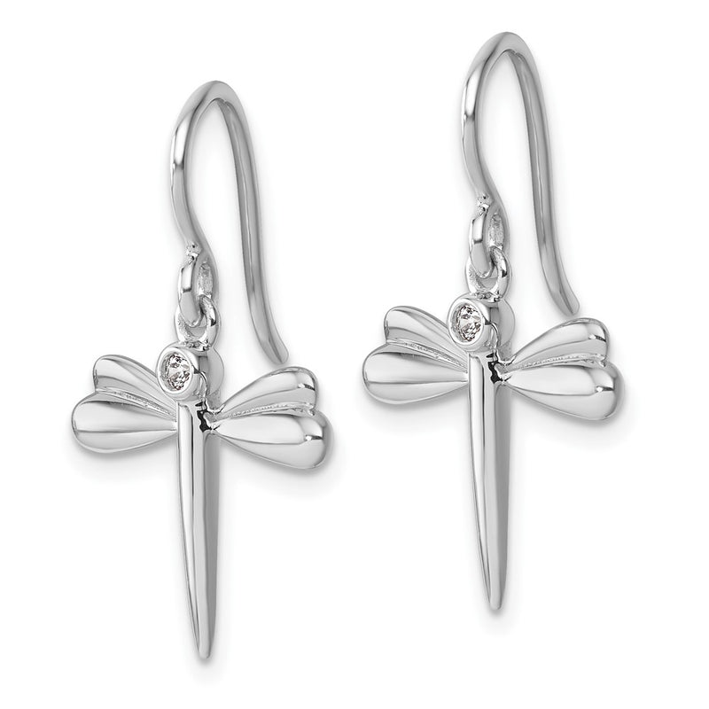 Sterling Silver Rhodium Plated White Ice .05 Dia Dragonfly Dangle Earrings