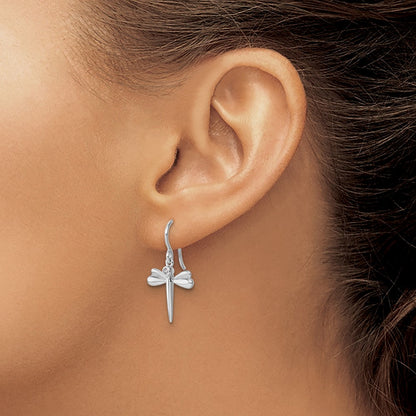 Sterling Silver Rhodium Plated White Ice .05 Dia Dragonfly Dangle Earrings