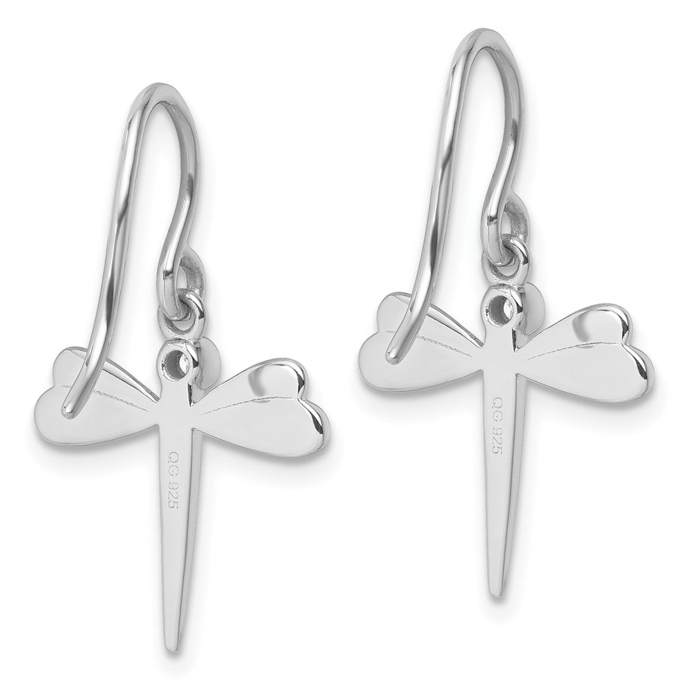Sterling Silver Rhodium Plated White Ice .05 Dia Dragonfly Dangle Earrings