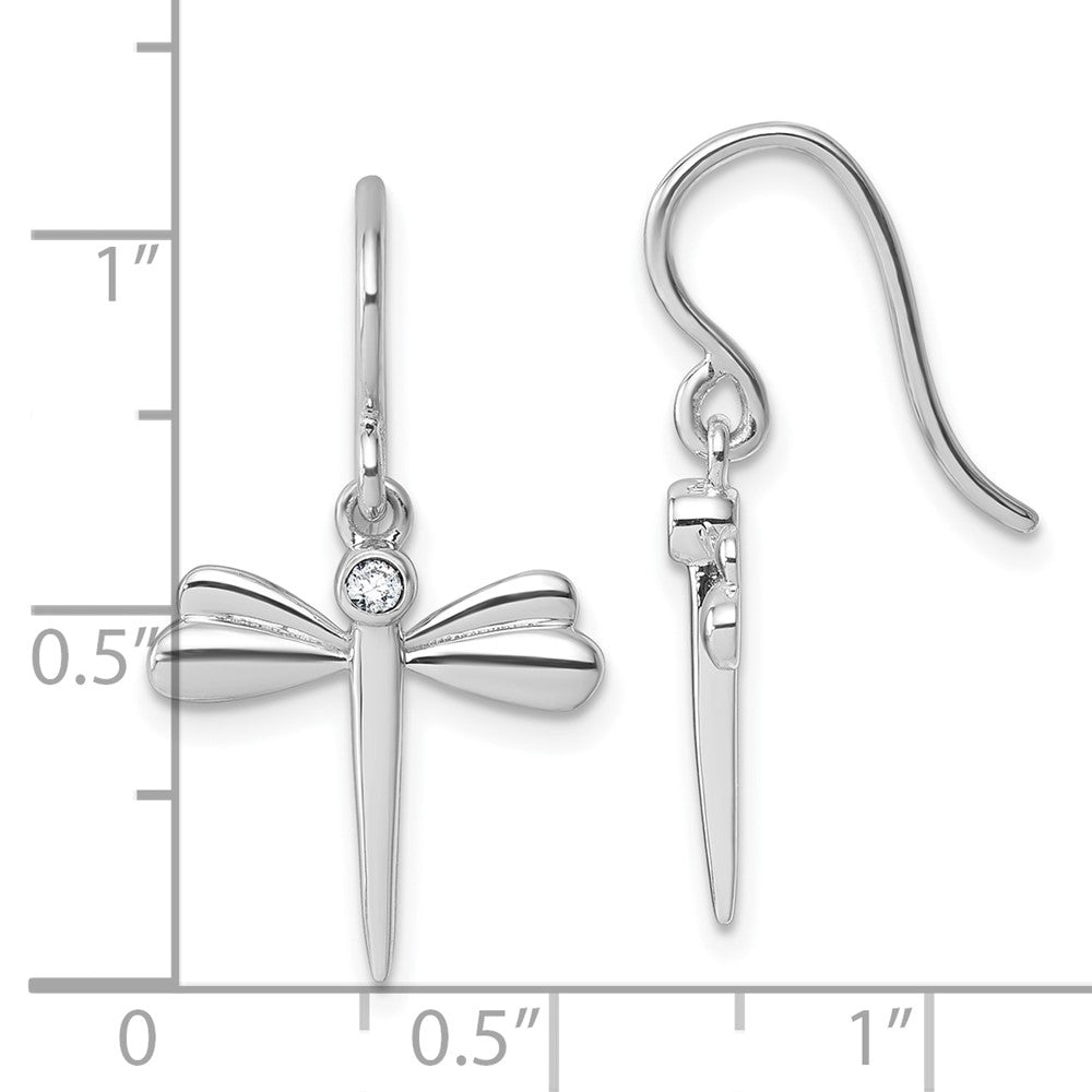 Sterling Silver Rhodium Plated White Ice .05 Dia Dragonfly Dangle Earrings