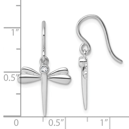 Sterling Silver Rhodium Plated White Ice .05 Dia Dragonfly Dangle Earrings