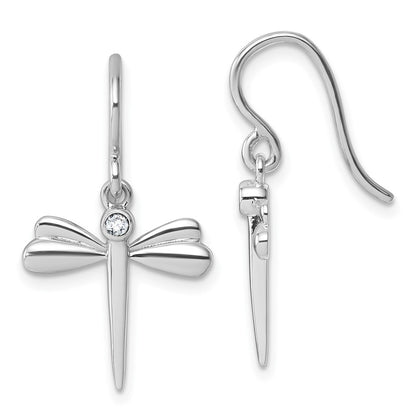 Sterling Silver Rhodium Plated White Ice .05 Dia Dragonfly Dangle Earrings