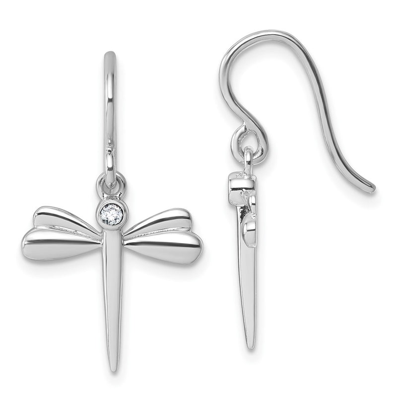 Sterling Silver Rhodium Plated White Ice .05 Dia Dragonfly Dangle Earrings