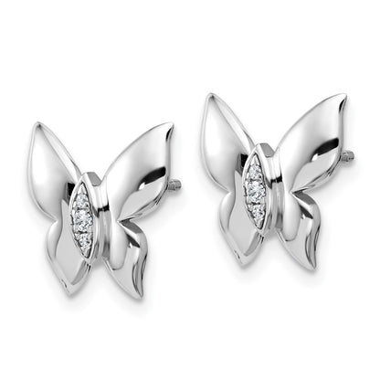 Sterling Silver Rhodium Plated White Ice .05 Dia Butterfly Post Earrings