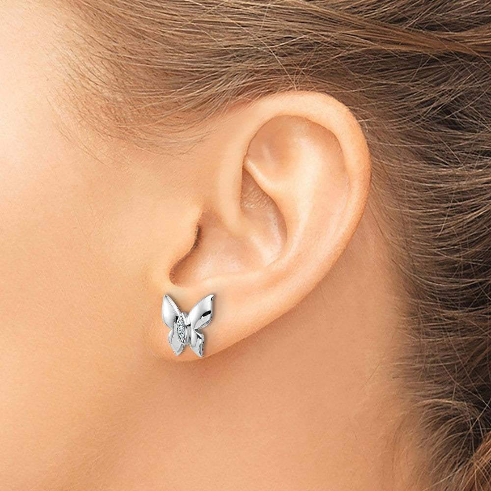 Sterling Silver Rhodium Plated White Ice .05 Dia Butterfly Post Earrings
