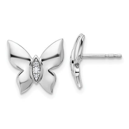 Sterling Silver Rhodium Plated White Ice .05 Dia Butterfly Post Earrings