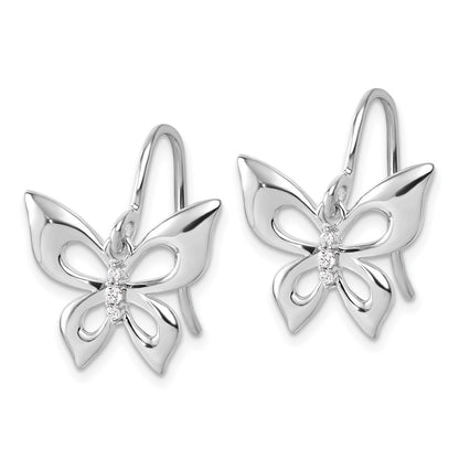 Sterling Silver Rhodium Plated White Ice .05 Dia Butterfly Dangle Earrings