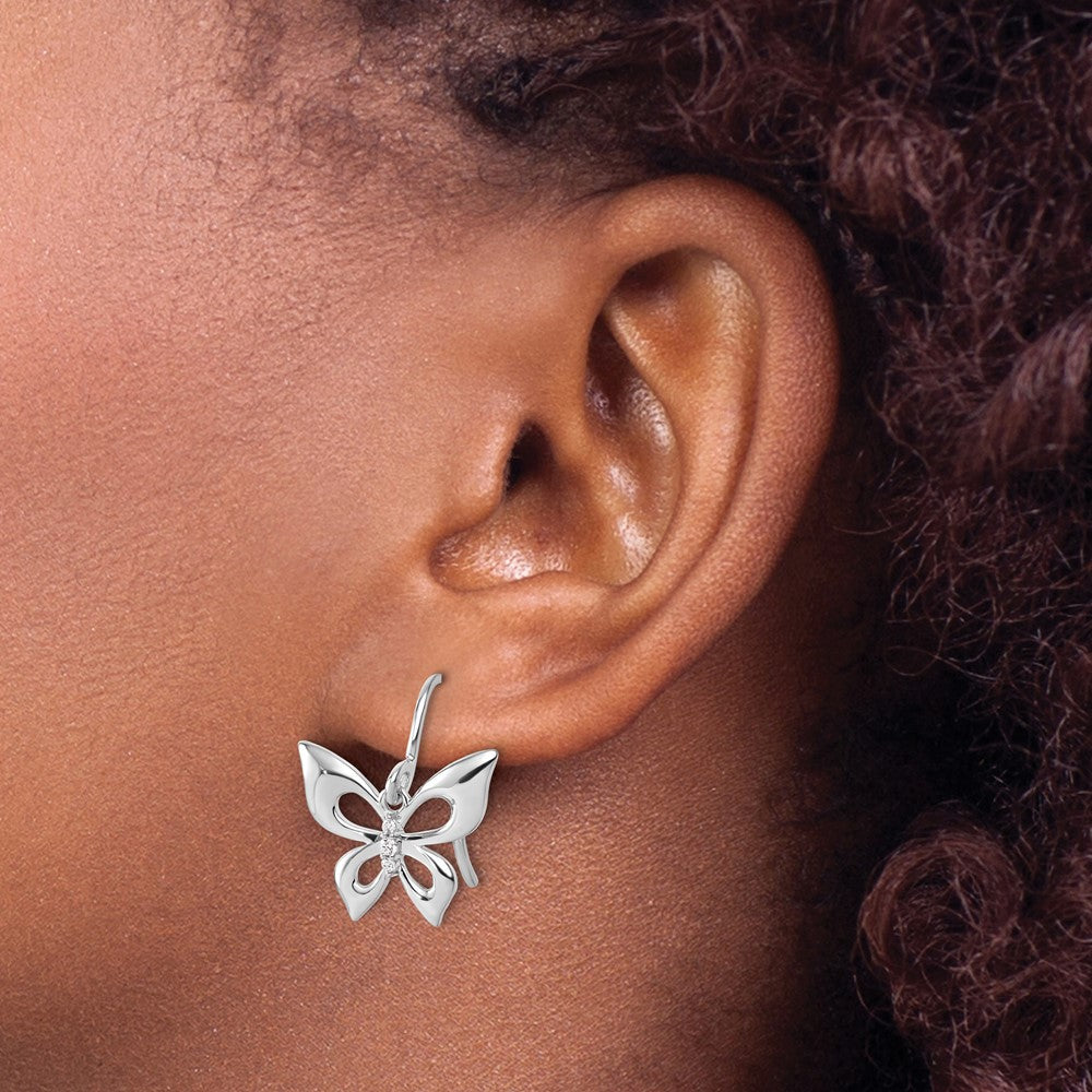Sterling Silver Rhodium Plated White Ice .05 Dia Butterfly Dangle Earrings