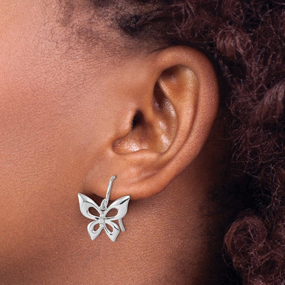 Sterling Silver Rhodium Plated White Ice .05 Dia Butterfly Dangle Earrings