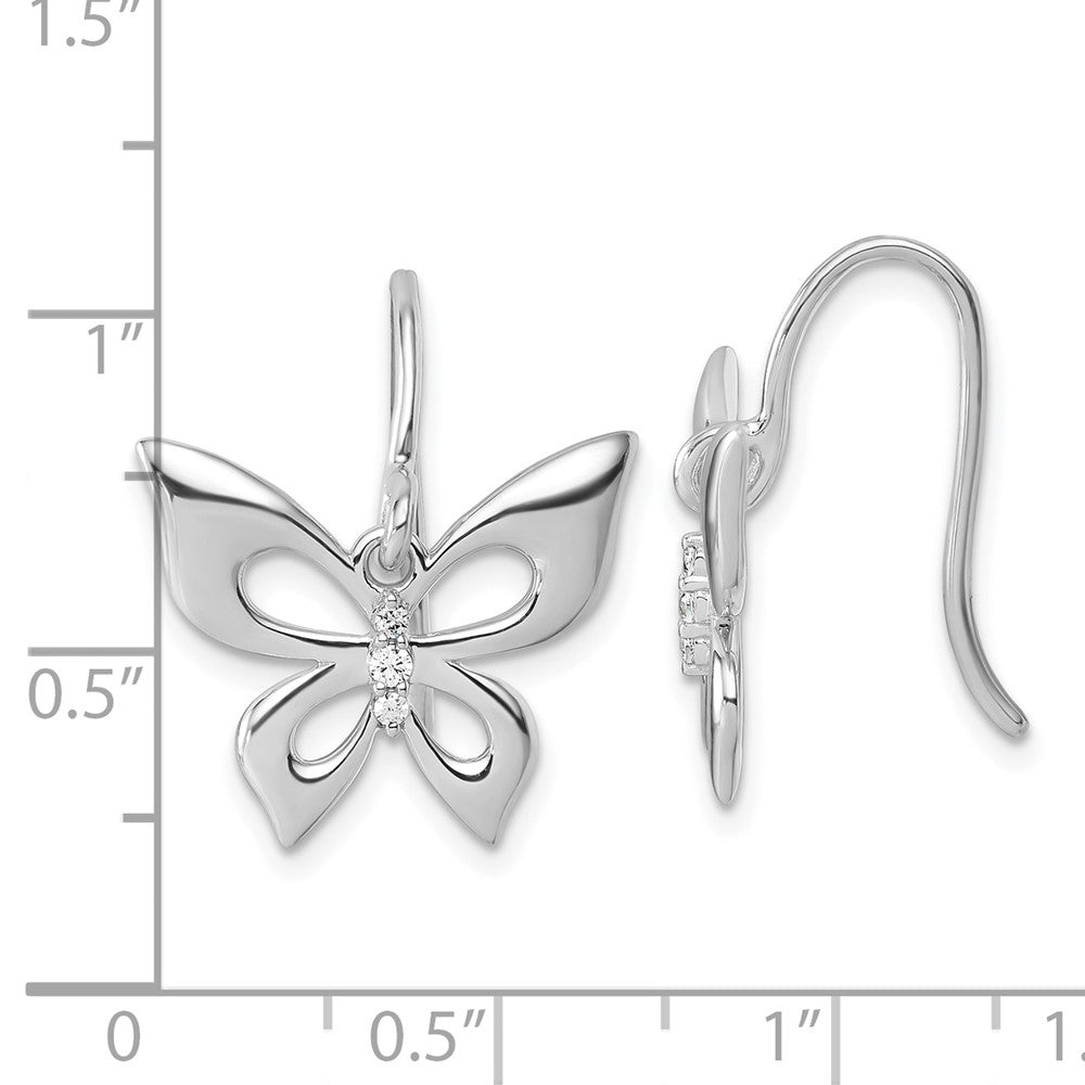 Sterling Silver Rhodium Plated White Ice .05 Dia Butterfly Dangle Earrings